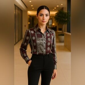 Vintage 80s Brownstone Studio NY Satin Shirt Sz 8 Bold Floral Jacquard Pattern